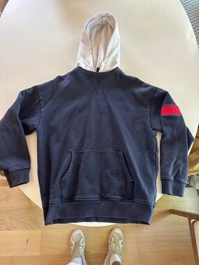 Kith Navy Hoodie with White Hood and Red Sleeve Patch